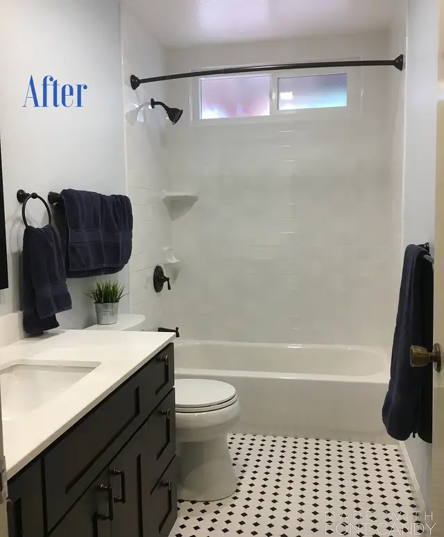 Remodeled Healdsburg bathroom with white subway tile shower, black and white mosaic floor, and dark wood vanity