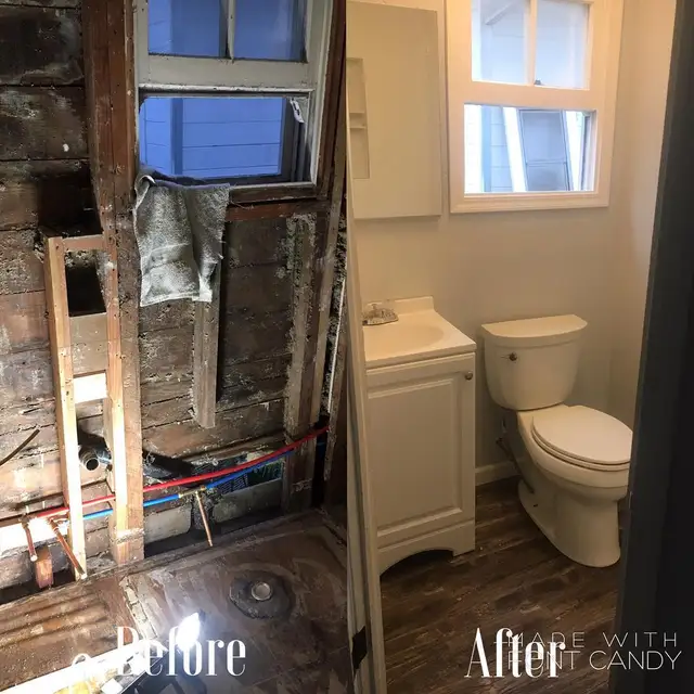 Before and after of a Santa Rosa bathroom remodel, from stripped studs to finished space with vanity and new flooring