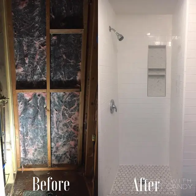 Before and after of a Santa Rosa shower remodel, from bare framing to finished subway and hexagon tile shower