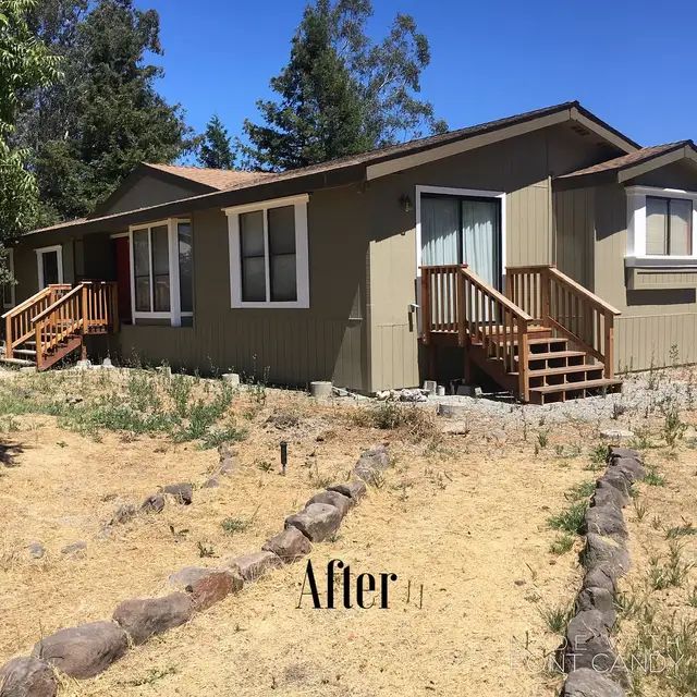 Santa Rosa home after exterior remodel with new wood entry stairs, composite roof, and fresh paint