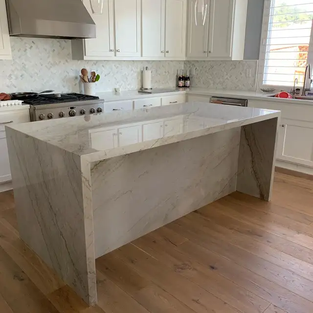 Waterfall-edge Brazilian quartzite kitchen island in a completed Santa Rosa kitchen remodel