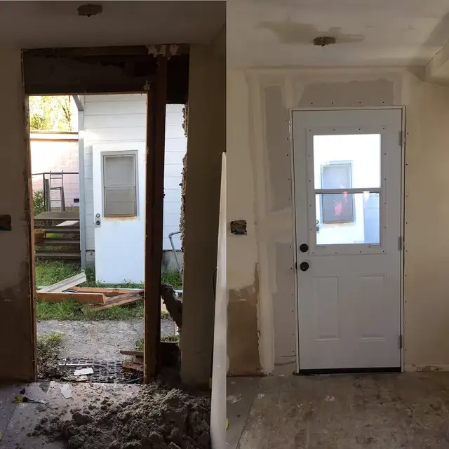 Before and after of a framed rough opening and new white paneled exterior door with glass insert in Santa Rosa home