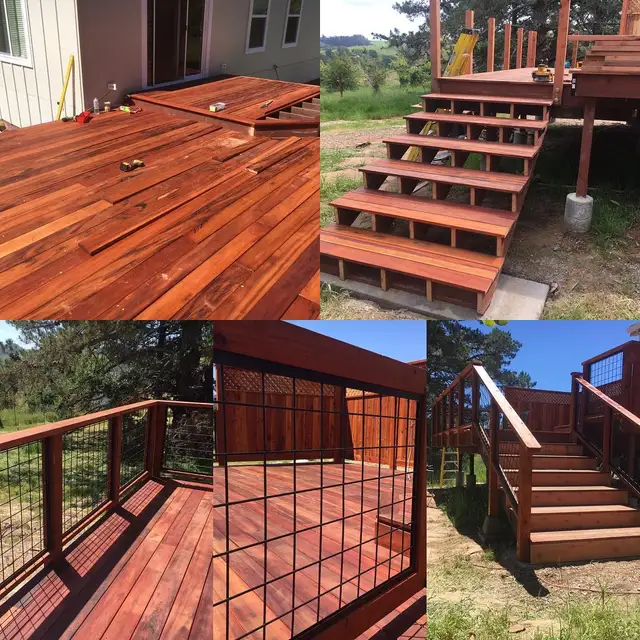 Multi-level tigerwood deck with built-in stairs and wire mesh railing on a Sebastopol hillside property