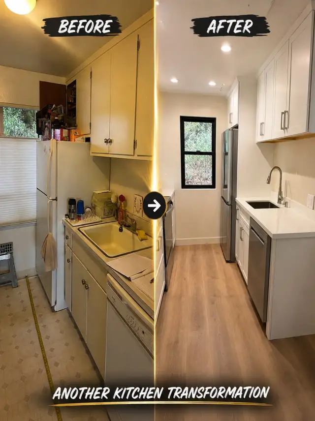 Before and after of a Tiburon galley kitchen with white shaker cabinets, quartz counters, and vinyl plank flooring