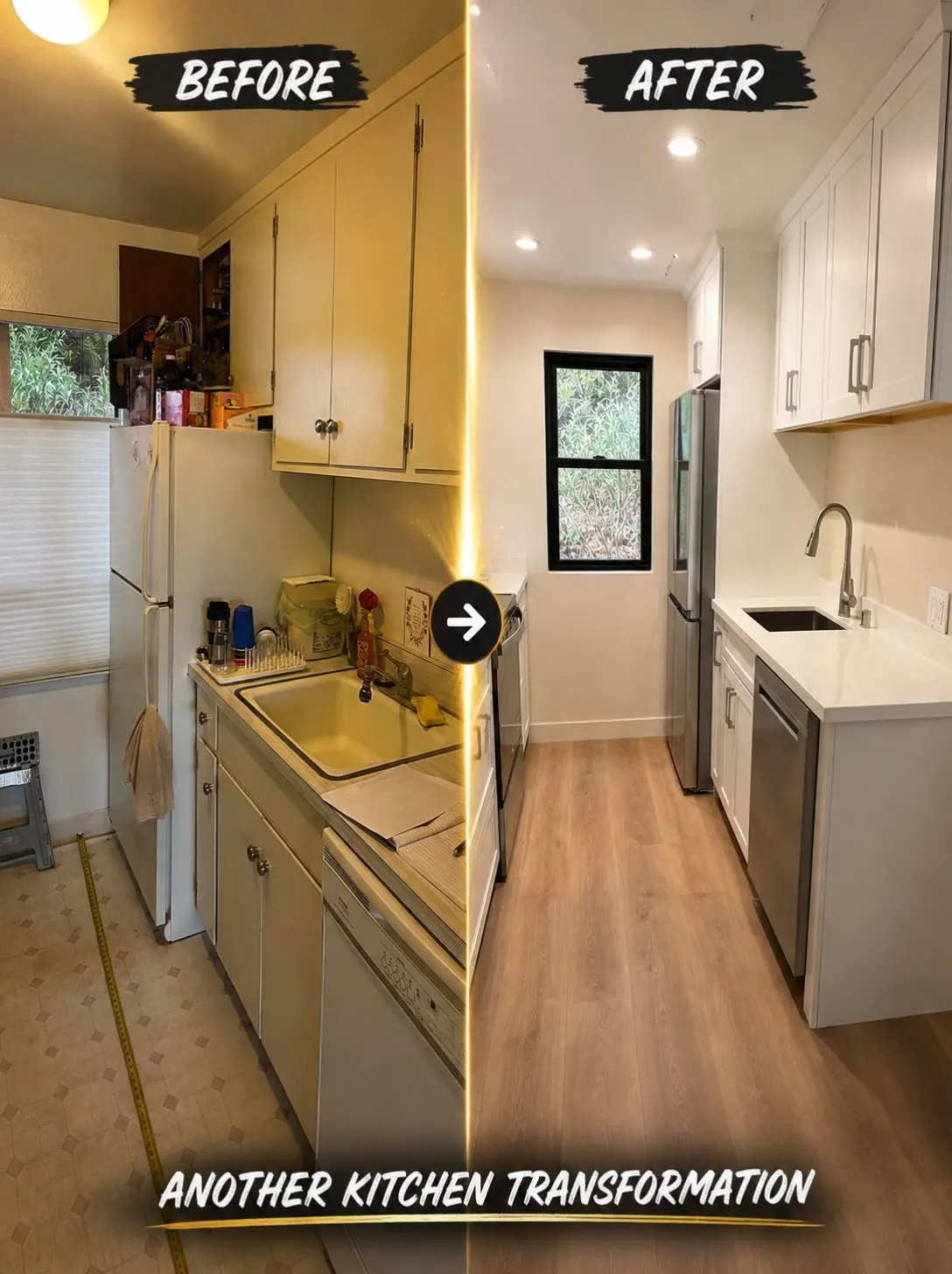 Before and after of a Tiburon galley kitchen with white shaker cabinets, quartz counters, and vinyl plank flooring